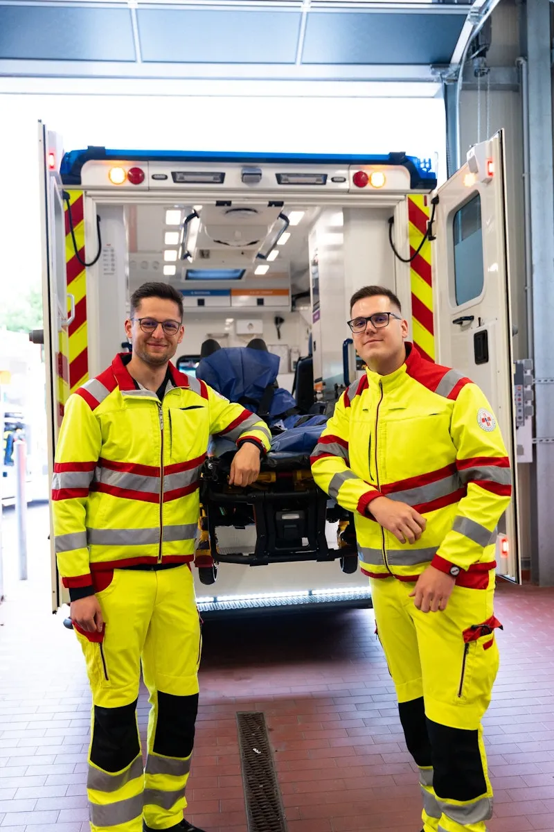 Zwei Sanitäter in gelb-roter Dienstkleidung stehen vor einem Rettungswagen mit offener Hecktür. Beide lehnen sich an die ausgefahrene Trage an und lächeln in die Kamera